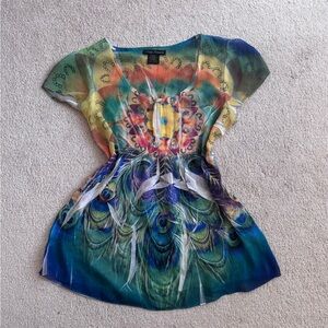 Simply Irresistible Multicolor Peacock Print Tunic - Blue Green Yellow